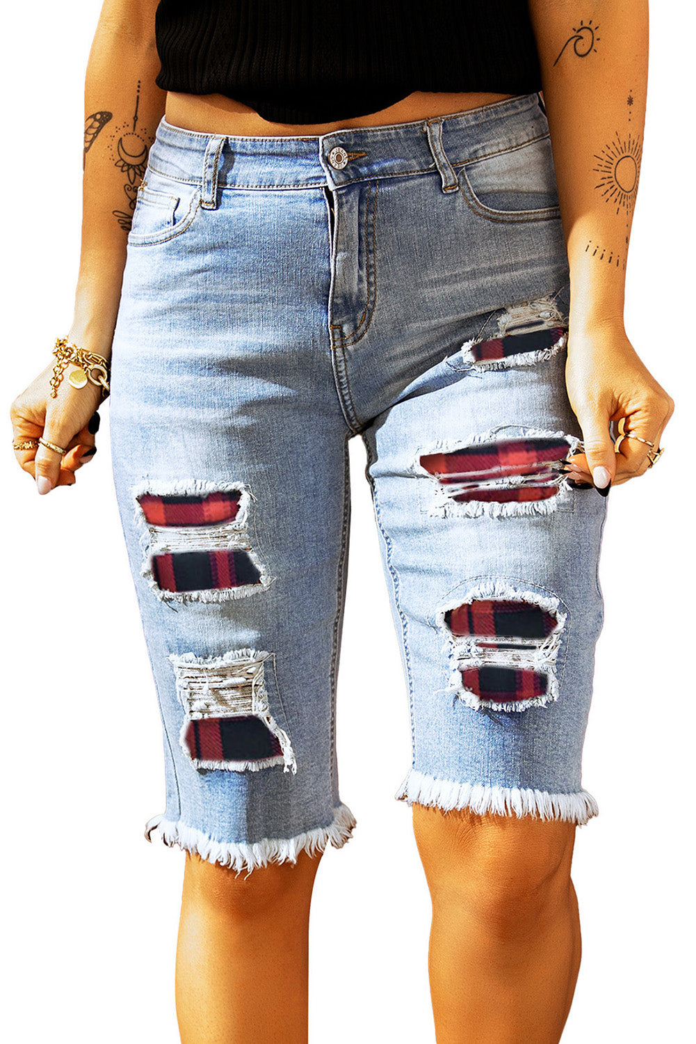 Red Mid Rise Ripped Destroyed Patches Bermuda Shorts Jeans LC781578-3