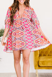 LC221873-22-S, LC221873-22-M, LC221873-22-L, LC221873-22-XL, Multicolor Bohemian 3/4 Sleeve V Neck Vintage Mini Dress for Women