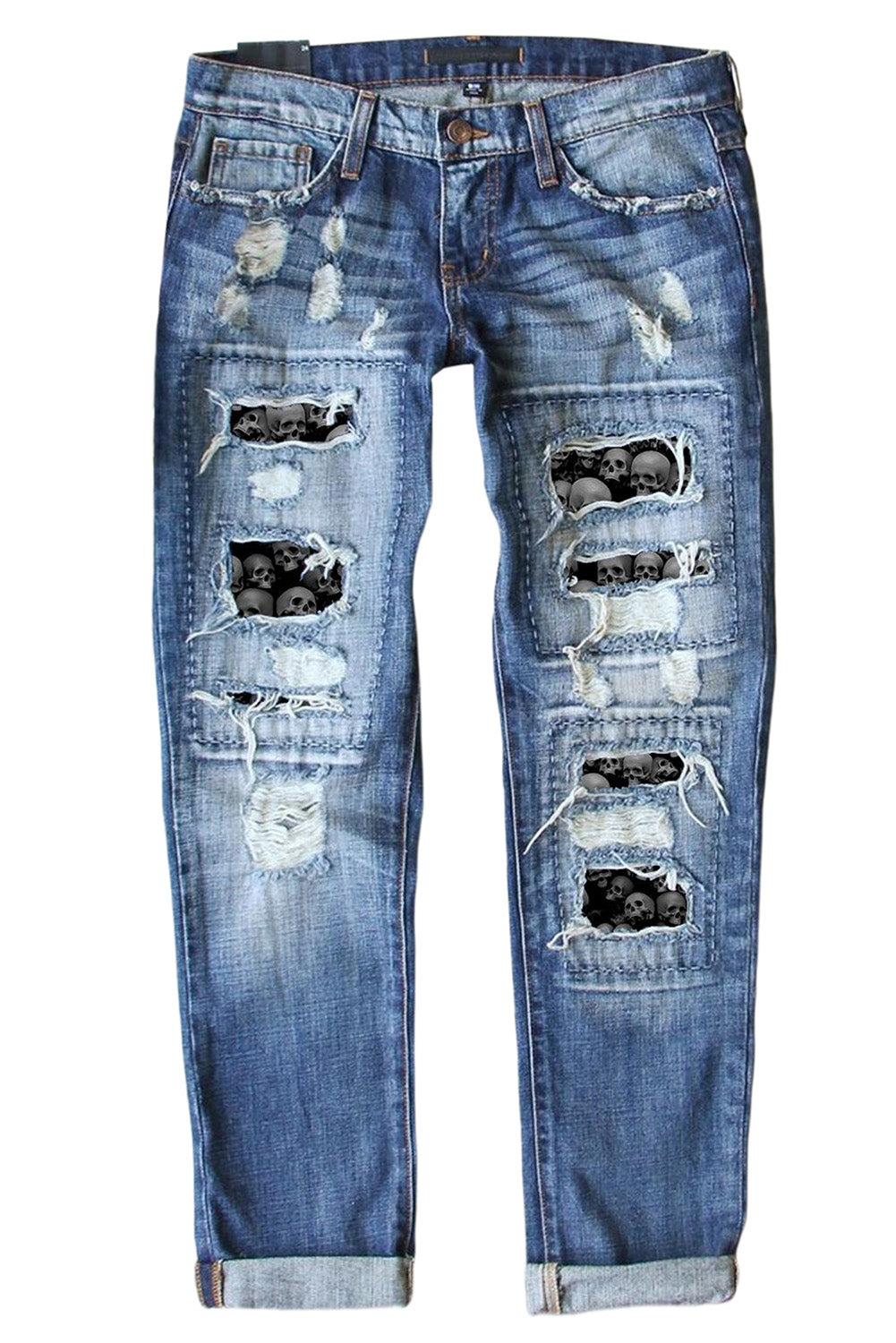 Sky Blue Womens Boyfriend Jeans Stretchy Ripped Skeleton Print Ripped Jeans LC787199-4
