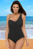 Black Asymmetric Shoulder Ruched Cut Out Back One Piece Bathing Suit LC412064-2