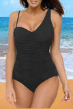 Black Asymmetric Shoulder Ruched Cut Out Back One Piece Bathing Suit LC412064-2