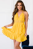 Yellow Lace Splicing Criss Cross V Neck Cami Dress with Ruffle LC2210898-7