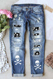Sky Blue Skull Print Patchwork Distressed Jeans Slim Fit Denim Pants LC787330-4