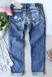 Sky Blue Skull Print Patchwork Distressed Jeans Slim Fit Denim Pants LC787330-4