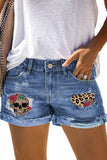 Sky Blue Leopard Skull Floral Print Roll Up Distressed Denim Shorts LC787218-4