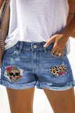 Sky Blue Leopard Skull Floral Print Roll Up Distressed Denim Shorts LC787218-4