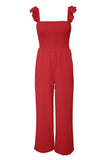 Red Ruffle Sleeve Smocked Bodice Wide Leg Jumpsuit for Women LC643773-3