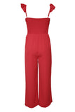 Red Ruffle Sleeve Smocked Bodice Wide Leg Jumpsuit for Women LC643773-3