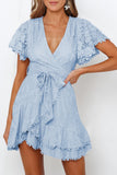 Sky Blue White Mini Dress Wrap V Neck Floral Lace Short Dress LC224799-4