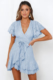 Sky Blue White Mini Dress Wrap V Neck Floral Lace Short Dress LC224799-4