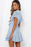 Sky Blue White Mini Dress Wrap V Neck Floral Lace Short Dress LC224799-4