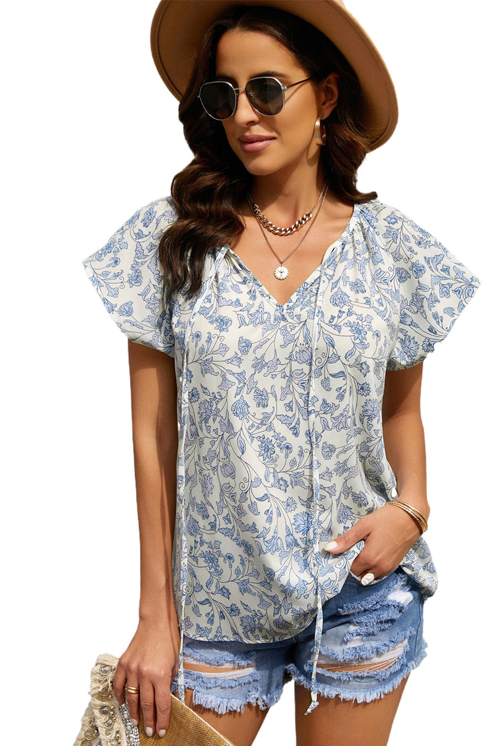 Sky Blue V Neck Short Sleeve Print Floral Blouses Shirts LC2514201-4