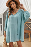 Sky Blue White T Shirt Dress V Neck Lace Shoulder Beach Dress LC421346-4