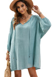 Sky Blue White T Shirt Dress V Neck Lace Shoulder Beach Dress LC421346-4