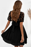 Black White Puff Sleeve Dress Square Neck Lace Ruffle A Line Mini Dress  LC2211141-2