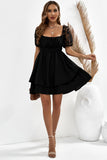 Black White Puff Sleeve Dress Square Neck Lace Ruffle A Line Mini Dress  LC2211141-2