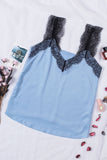 LC251886-4-S, LC251886-4-M, LC251886-4-L, LC251886-4-XL, LC251886-4-2XL, Sky Blue Women's V Neck Sleeveless Lace Trim Camisole Sleeveless Tank Top