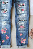 Sky Blue Womens Boyfriend Jeans Floral Leopard Slim Fit Distressed Pants LC787552-4