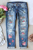 Sky Blue Womens Boyfriend Jeans Floral Leopard Slim Fit Distressed Pants LC787552-4