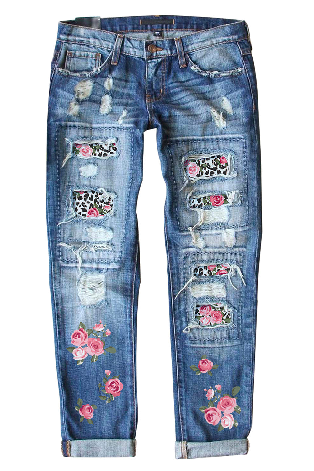 Sky Blue Womens Boyfriend Jeans Floral Leopard Slim Fit Distressed Pants LC787552-4