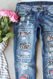 Sky Blue Womens Boyfriend Jeans Floral Leopard Slim Fit Distressed Pants LC787552-4