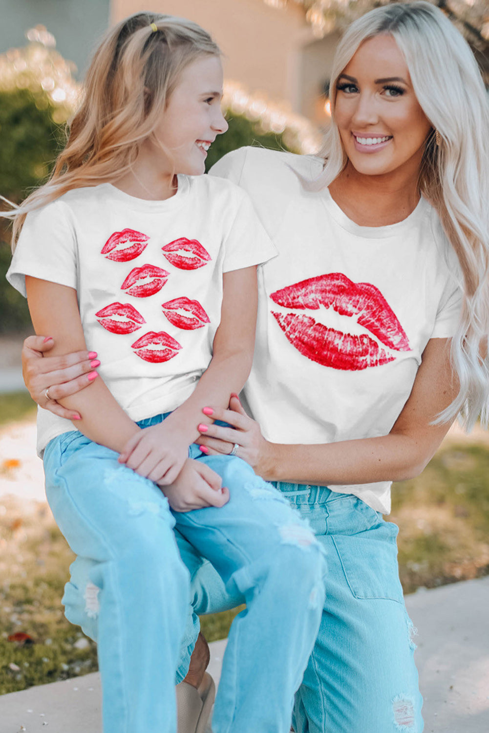 White Girls Mommy Family Matching Tee Kiss Graphic Crew Neck Basic Summer Tops LC25215942-1