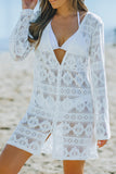 LC421565-1-S, LC421565-1-M, LC421565-1-L, White V Neck Bikini Cover-ups Button Down Lace Swimsuit Beach Dress