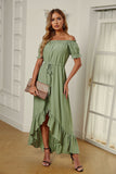 Green White Off the Shoulder Dress High Low Maxi Dress  LC611566-9