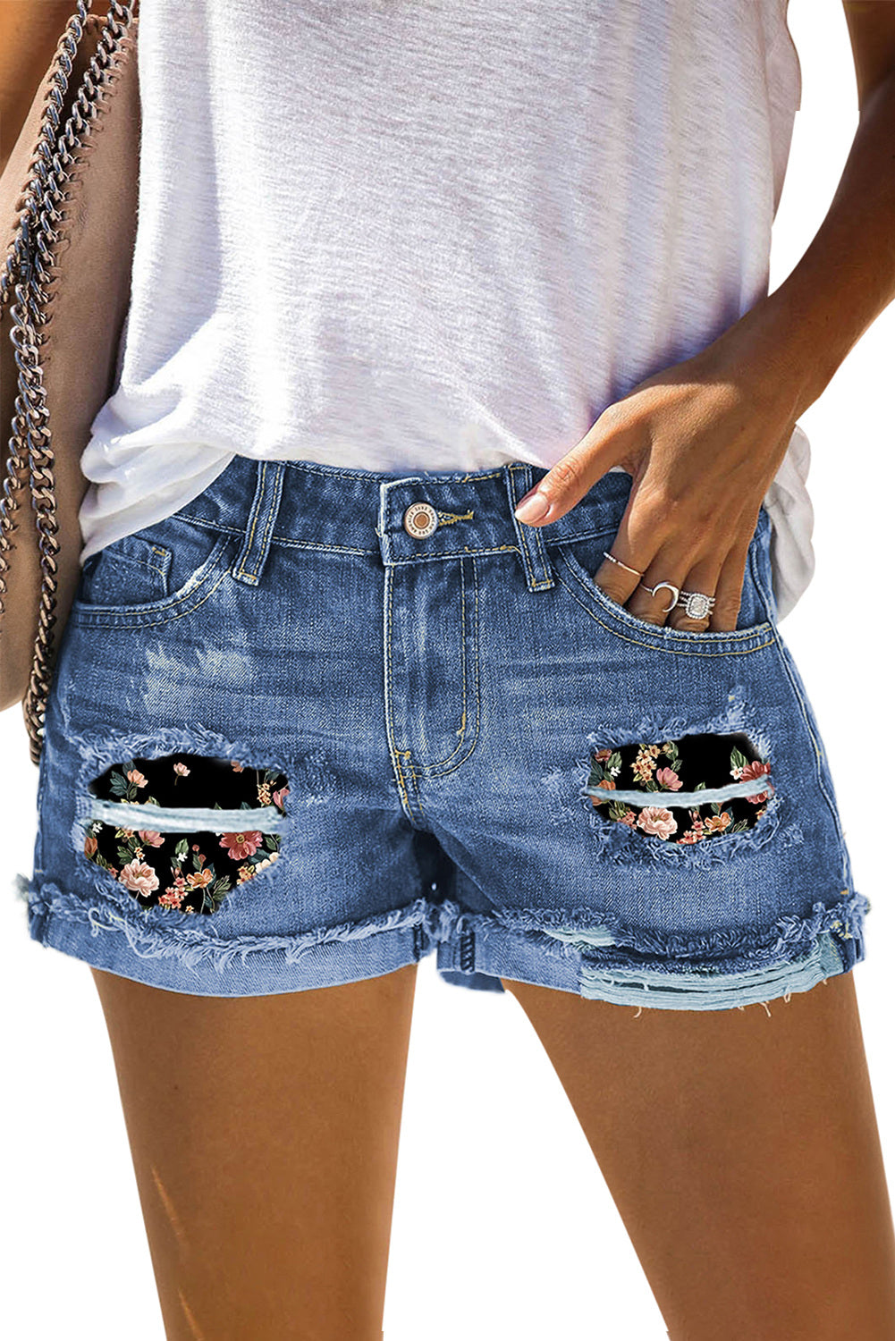 Sky Blue Denim Shorts Sexy Casual Summer Shorts Mid Rise Distressed Shorts LC7831020-604