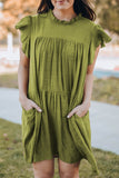 Green White Dress With Sleeves Frilled Neck Ruffle Swing Mini Dress LC225229-9