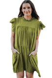 Green White Dress With Sleeves Frilled Neck Ruffle Swing Mini Dress LC225229-9