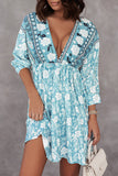 LC221873-9-S, LC221873-9-M, LC221873-9-L, LC221873-9-XL, Green Bohemian 3/4 Sleeve V Neck Vintage Mini Dress for Women