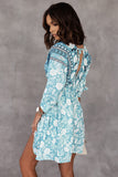 LC221873-9-S, LC221873-9-M, LC221873-9-L, LC221873-9-XL, Green Bohemian 3/4 Sleeve V Neck Vintage Mini Dress for Women