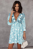 LC221873-9-S, LC221873-9-M, LC221873-9-L, LC221873-9-XL, Green Bohemian 3/4 Sleeve V Neck Vintage Mini Dress for Women