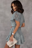 Gray White Mini Dress Wrap V Neck Floral Lace Short Dress LC224799-9