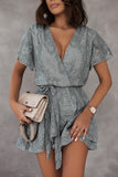 Gray White Mini Dress Wrap V Neck Floral Lace Short Dress LC224799-9