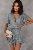 Gray White Mini Dress Wrap V Neck Floral Lace Short Dress LC224799-9