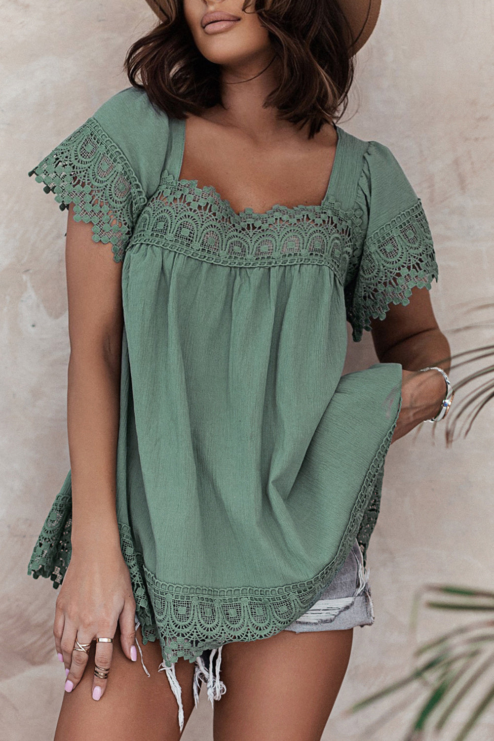 Green Womens Lace Top Pom Pom Splicing Square Neck Blouse LC25112089-9