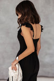 Black Ruffle Sleeve Smocked Bodice Wide Leg Jumpsuit for Women LC643773-2