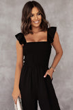 Black Ruffle Sleeve Smocked Bodice Wide Leg Jumpsuit for Women LC643773-2