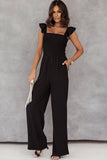 Black Ruffle Sleeve Smocked Bodice Wide Leg Jumpsuit for Women LC643773-2