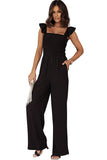 Black Ruffle Sleeve Smocked Bodice Wide Leg Jumpsuit for Women LC643773-2