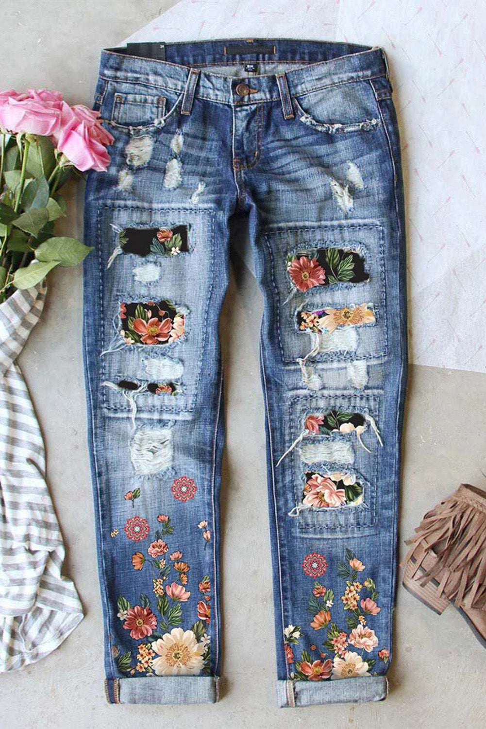 LC787126-4-S, LC787126-4-M, LC787126-4-L, LC787126-4-XL, LC787126-4-2XL, Sky Blue Floral Pattern Patched Straight Jeans