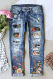 Floral Ripped Casual Patched Straight Mid Waist Jeans