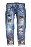 LC787126-4-S, LC787126-4-M, LC787126-4-L, LC787126-4-XL, LC787126-4-2XL, Sky Blue Floral Pattern Patched Straight Jeans