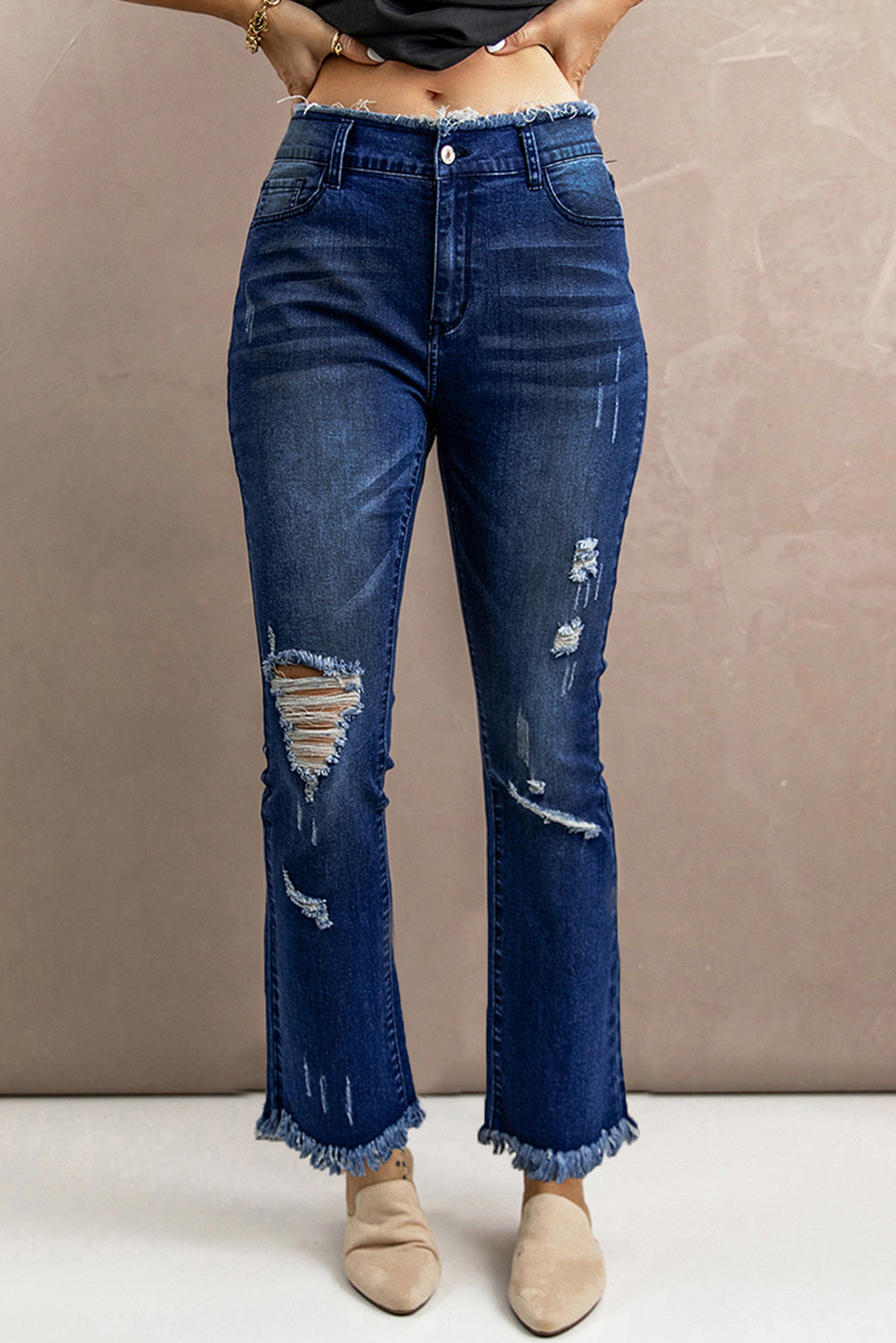 Blue Flare Jeans for Women Frayed Ripped High Waist Wide Leg Pants LC783830-5