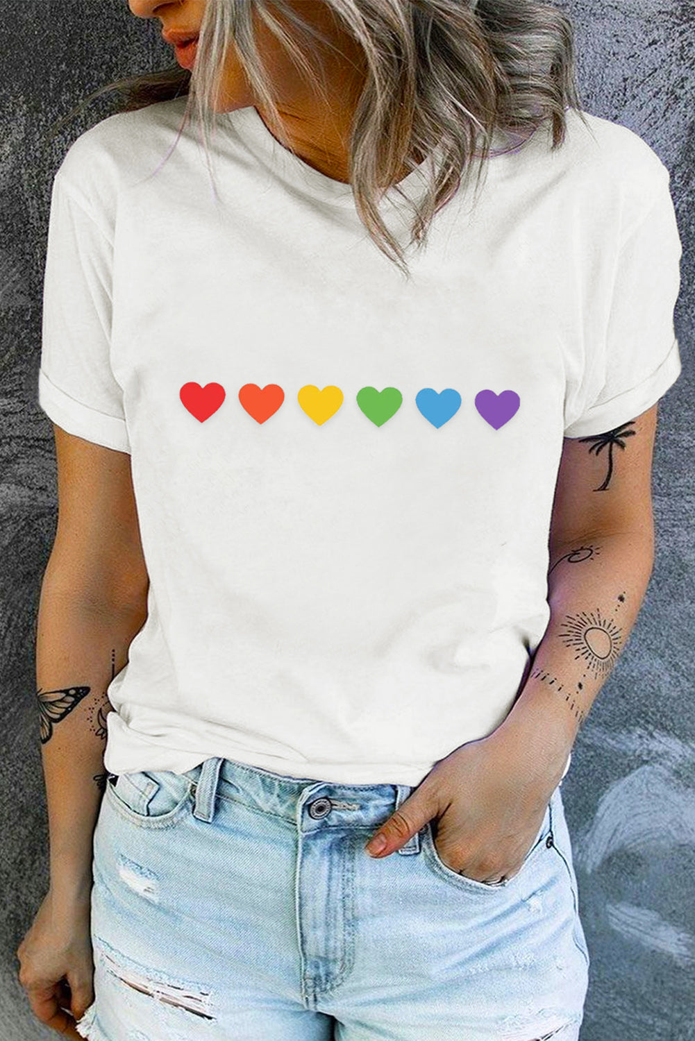 LC25216195-1-S, LC25216195-1-M, LC25216195-1-L, LC25216195-1-XL, LC25216195-1-2XL, White Women Pride Rainbow Color Heart Shapes Graphic Tee Summer Shirts Tops