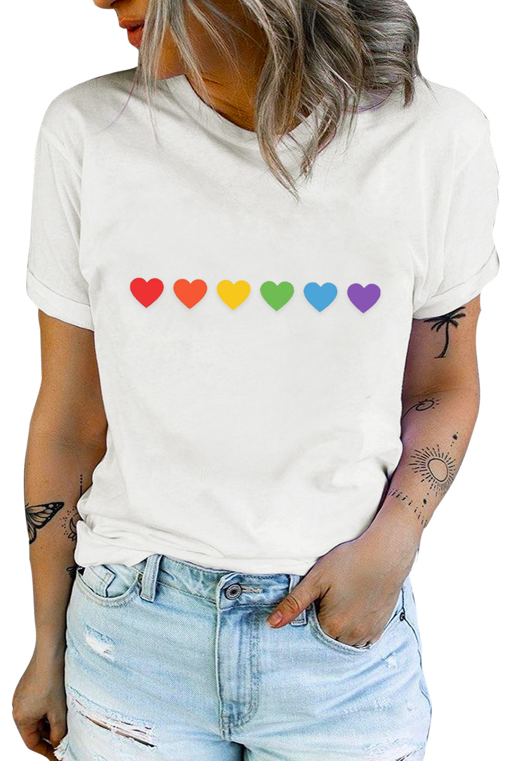 LC25216195-1-S, LC25216195-1-M, LC25216195-1-L, LC25216195-1-XL, LC25216195-1-2XL, White Women Pride Rainbow Color Heart Shapes Graphic Tee Summer Shirts Tops