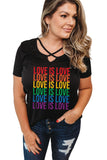 PL252061-2-1X, PL252061-2-2X, PL252061-2-3X, PL252061-2-4X, PL252061-2-5X, Black Plus Size Tops for Women LOVE IS LOVE Criss Cross Casual V Neck Tee Shirts