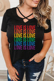 PL252061-2-1X, PL252061-2-2X, PL252061-2-3X, PL252061-2-4X, PL252061-2-5X, Black Plus Size Tops for Women LOVE IS LOVE Criss Cross Casual V Neck Tee Shirts